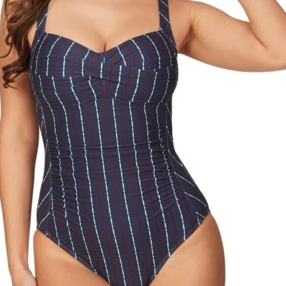 NIPTUCK Abandon Ship Blue Red White Vertical Stripe One Piece Swimsuit 10/L - Picture 1 of 10